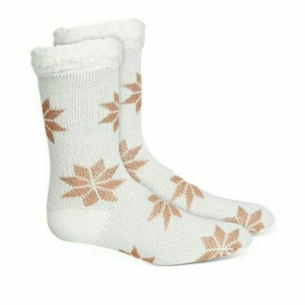 Women's Charter Club White/Blush Snowflake Slipper Socks W/Faux Sherpa Size L/XL
